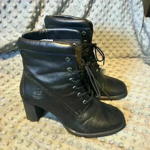 Timberland Black Leather‎ Lace Up High Heeled Boots, Size 9.5